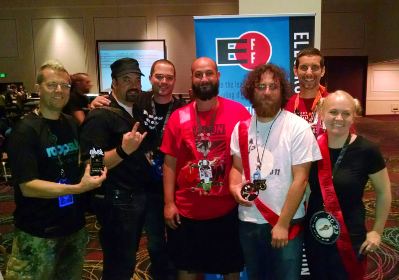Zoz, 1o57, Mike, Loather, Mikey, Joe Grand, and Rainbow Unicorns Byte DC23 contest judges and winners