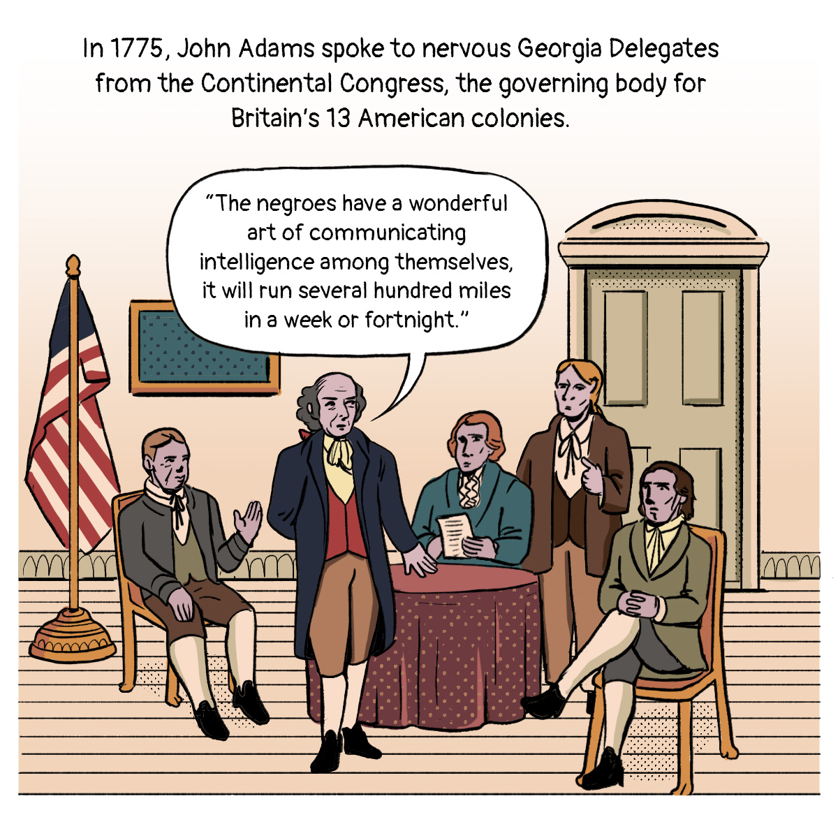 John Adams makes a speech among a group of four seated white men in colonial garb in an American classroom.