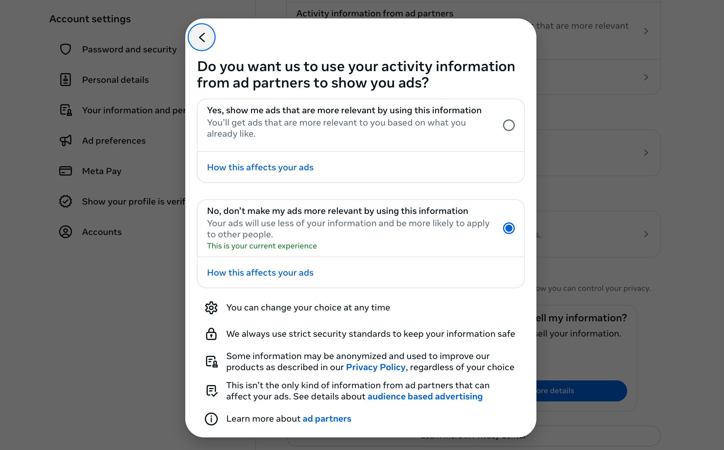 A screenshot of the "Activity information from ad partners" setting with the "No" option selected A screenshot of the "Activity information from ad partners" setting with the "No" option selected