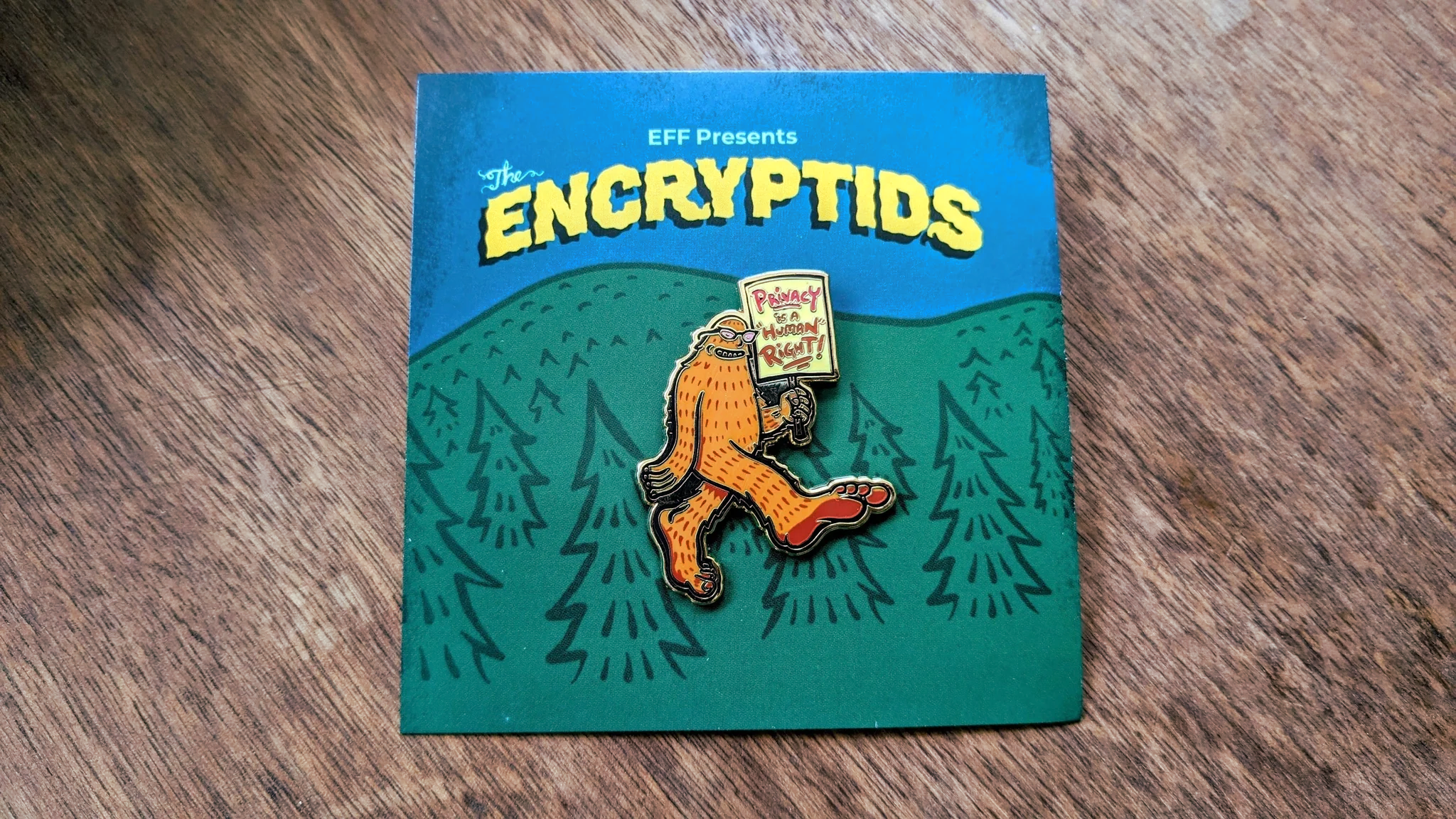 Enamel lapel pin depicting Bigfoot carrying a sign that says "Privacy is a 'Human' Right!"