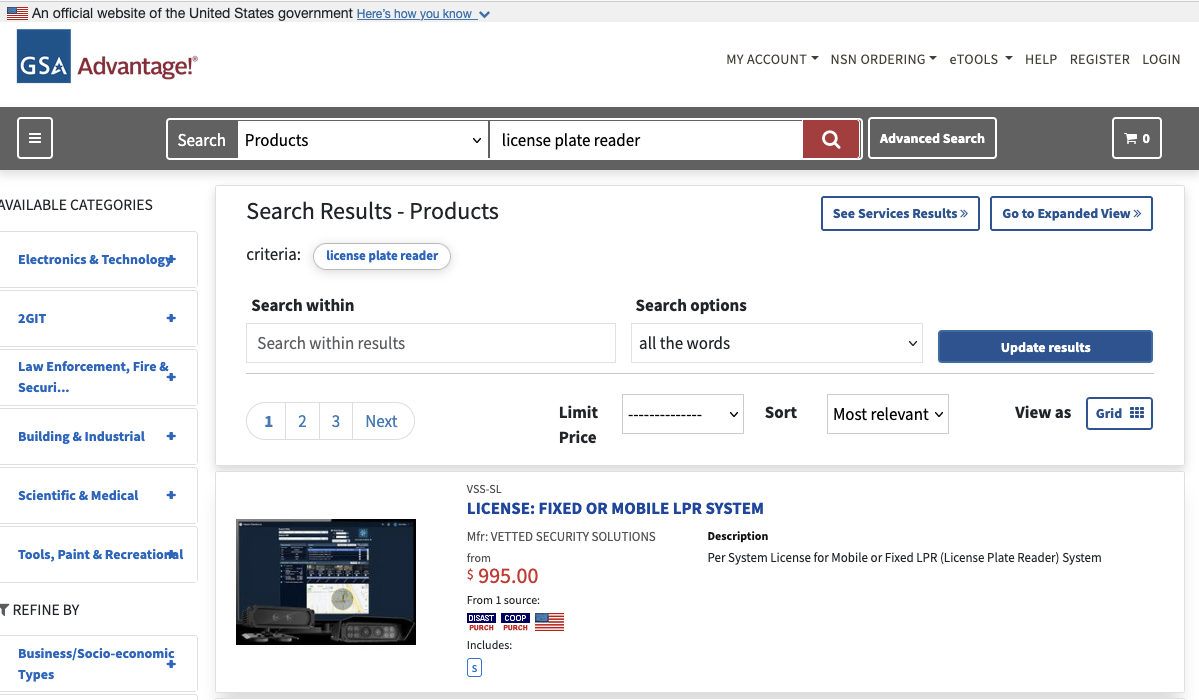 Search results that show a license plate reader for sale for $995. Search results that show a license plate reader for sale for $995.