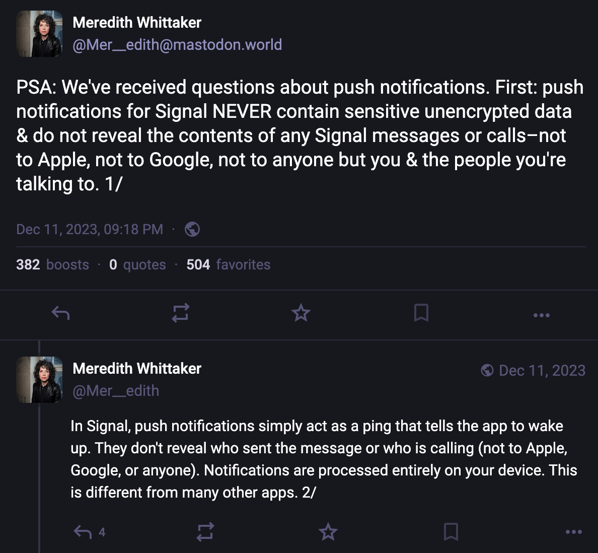 push notifications for Signal NEVER contain sensitive unencrypted data & do not reveal the contents of any Signal messages or calls-not to Apple, not to Google, not to anyone but you & the people you're talking to. 1/ In Signal, push notifications simply act as a ping that tells the app to wake up. They don't reveal who sent the message or who is calling (not to Apple, Google, or anyone). Notifications are processed entirely on your device. This push notifications for Signal NEVER contain sensitive unencrypted data & do not reveal the contents of any Signal messages or calls-not to Apple, not to Google, not to anyone but you & the people you're talking to. 1/ In Signal, push notifications simply act as a ping that tells the app to wake up. They don't reveal who sent the message or who is calling (not to Apple, Google, or anyone). Notifications are processed entirely on your device. This