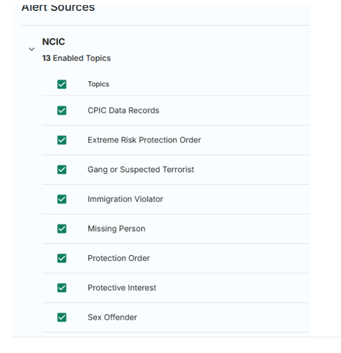 Captura de pantalla de una lista de temas de hotlist del NCIC Captura de pantalla de una lista de temas de hotlist del NCIC