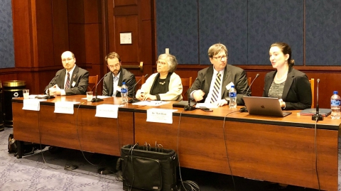 EFF Tech Policy Director Dr. Jeremy Gillula (far left) and Legislative Analyst India McKinney (far right) joined an all-star lineup of panelists to brief Senate staff on encryption.